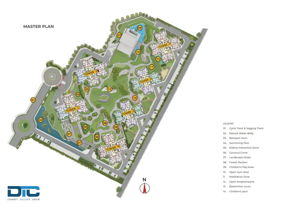 DTC Downtown master layout plan with 6 towers, amenity zones and landscaping